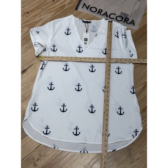 Noracora Women’s Size XL White Mid Length Shirt Dress Short Sleeve Blue Anchor - Picture 3 of 7